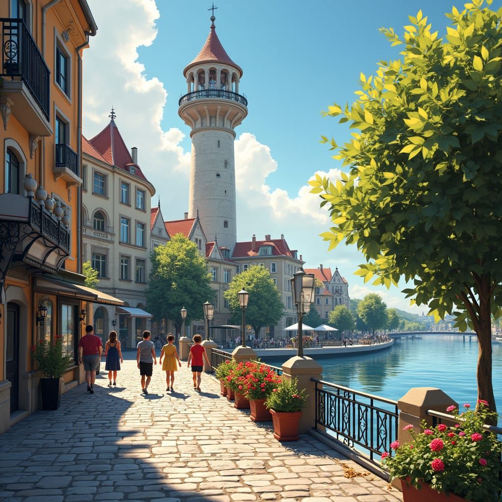 Draw a city on the bank of the Danube river in the plain. A ...