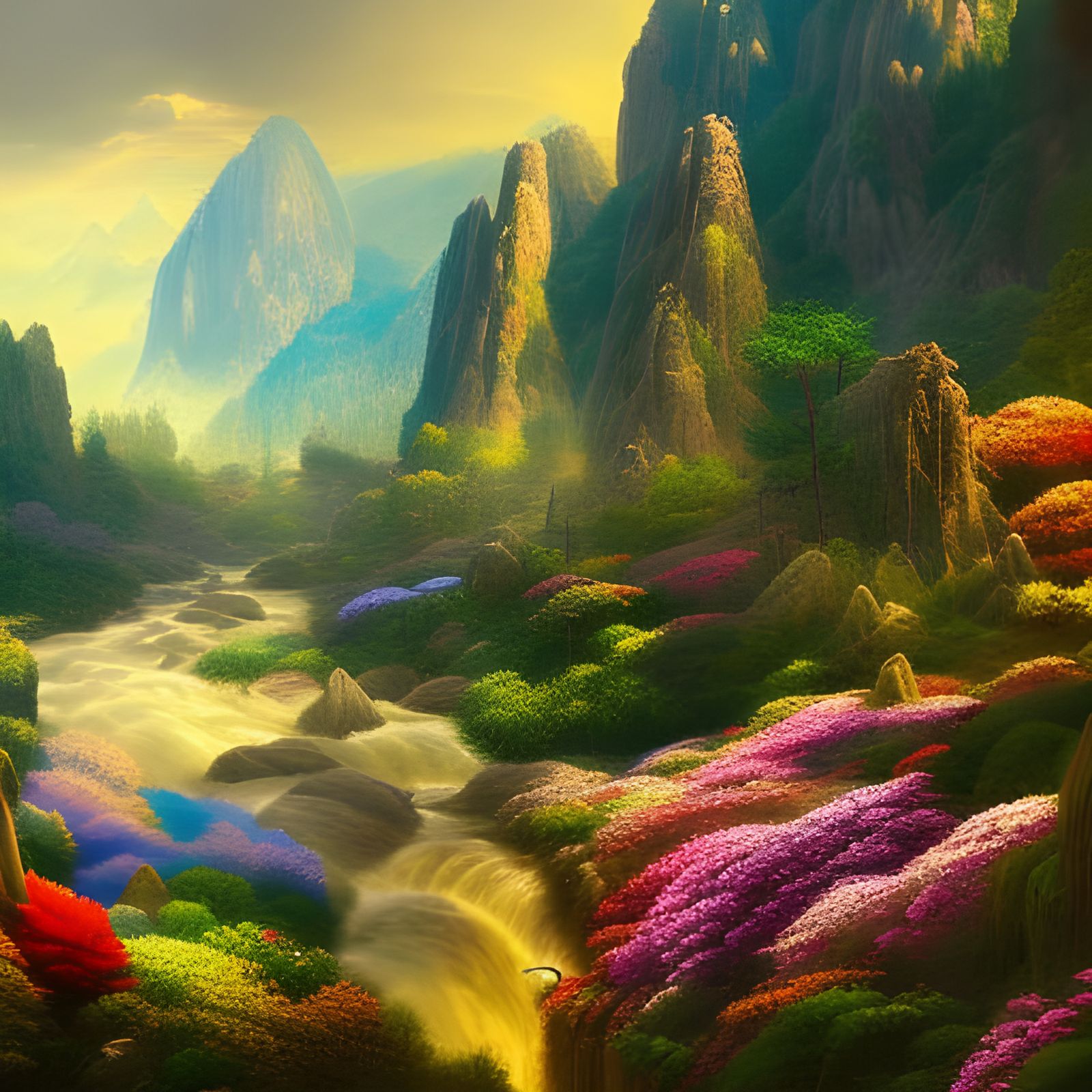 Landscape of Mountain Valley, Sparkling river, vividly color...