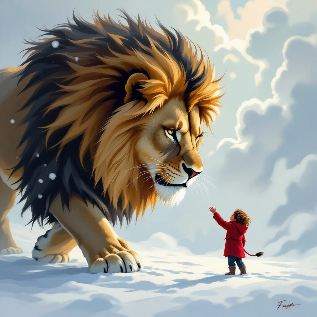 A massive lion walks towards a small figure. The lion gently bends towards a small figure who reaches out with his hand as if to touch the l...
