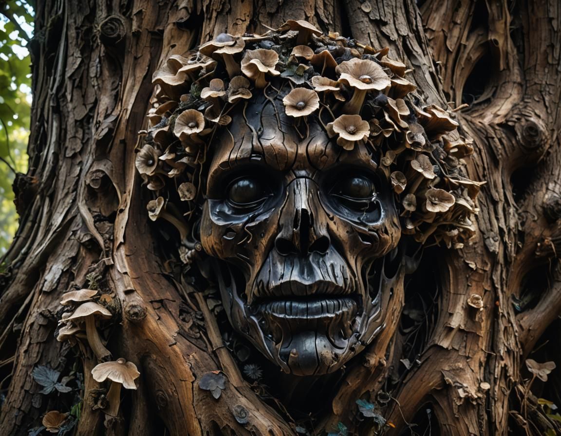 A rotten wood sculpture of a head in ancient tree, mushrooms...