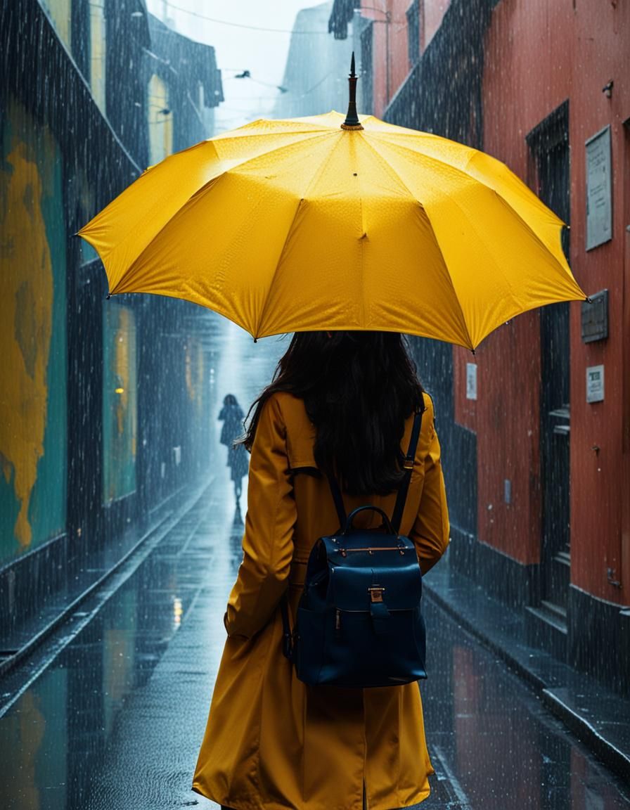 a woman under a yellow umbrella while it rains on a narrow a...