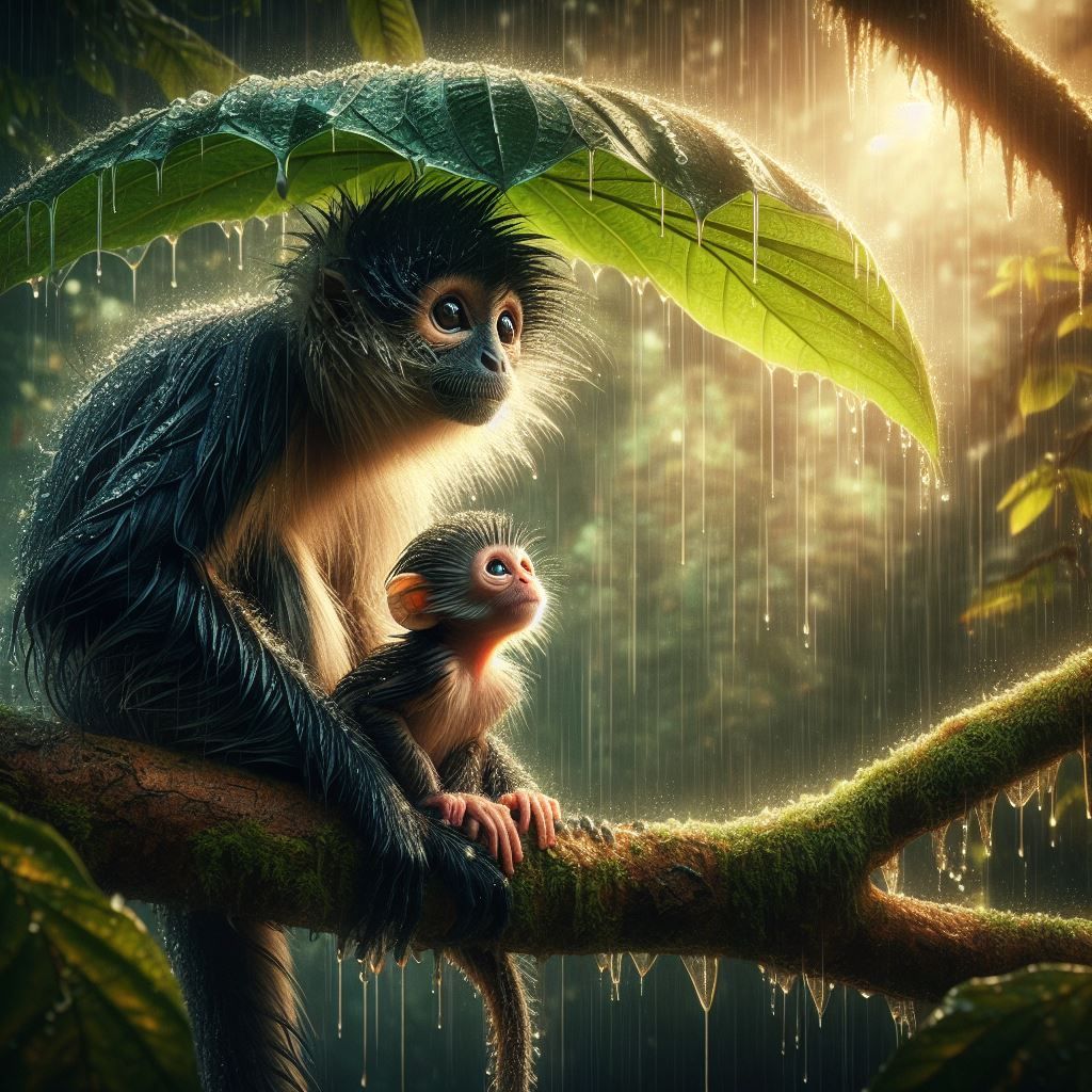 Spider Monkey Mother and Daughter waiting out the rain