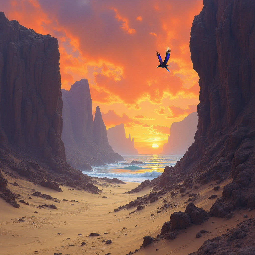 Surreal Westward Landscape with Towering Cliffs