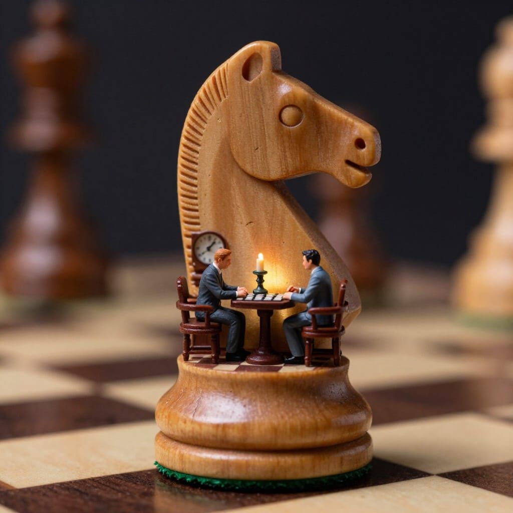 A hyper-realistic macro, cross-section of a chess knight piece, intricately sliced open to reveal a detailed ...  by @ArmyWidow