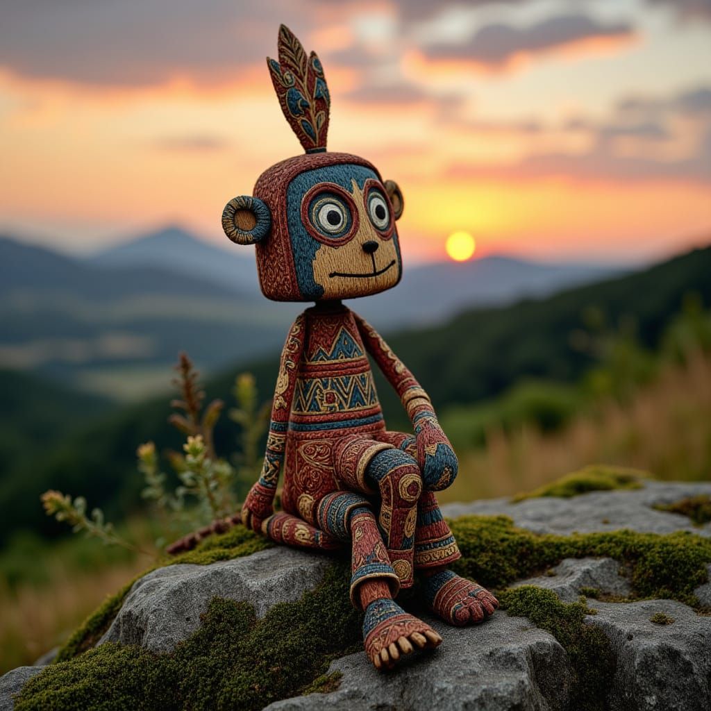 <lora:The Folkdream Set:1.0> A handcrafted wooden figure of an ancient shamanic monkey, intricately painted with tribal patterns and adorne...