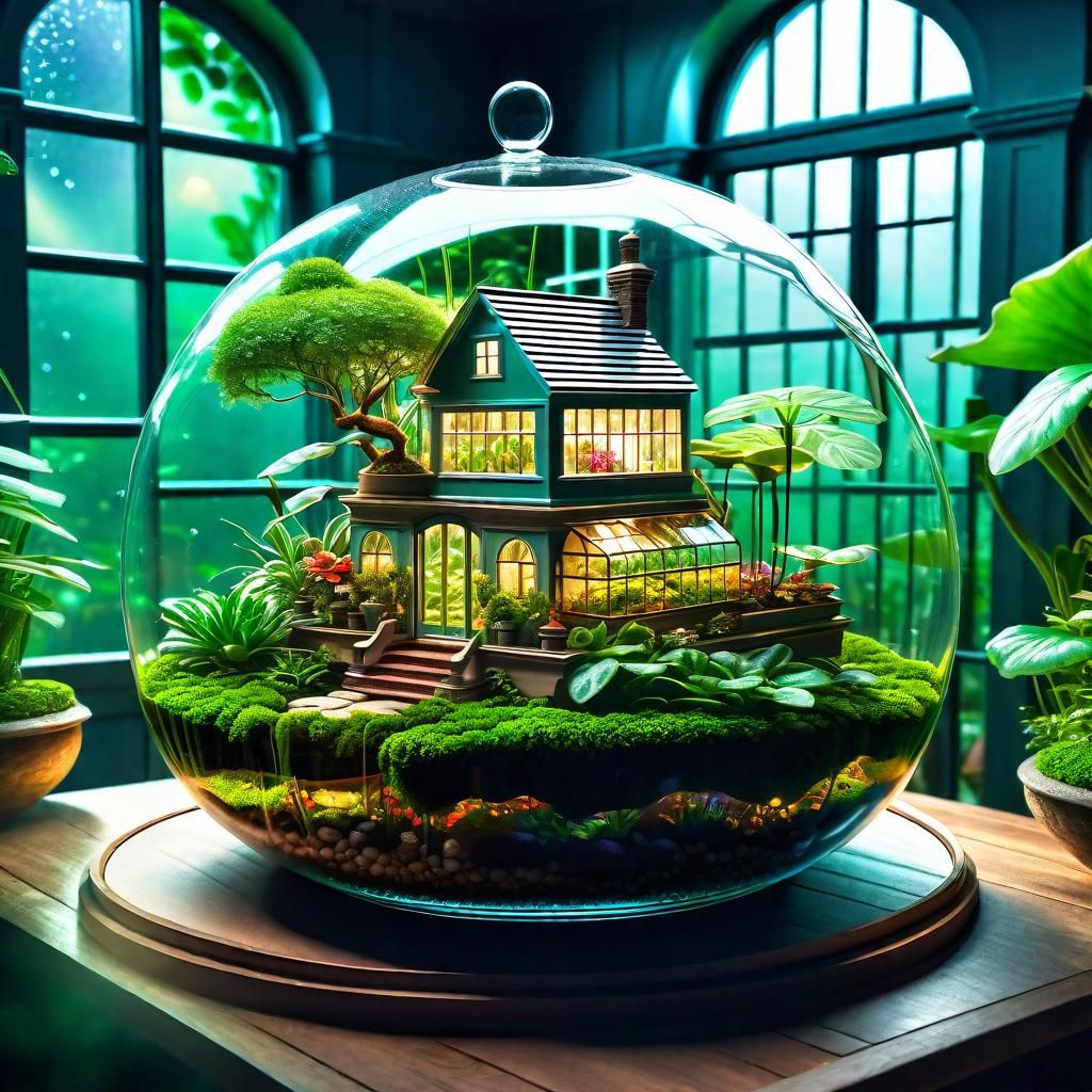 greenhouse cottage inside a terrarium AI Generated Artwork