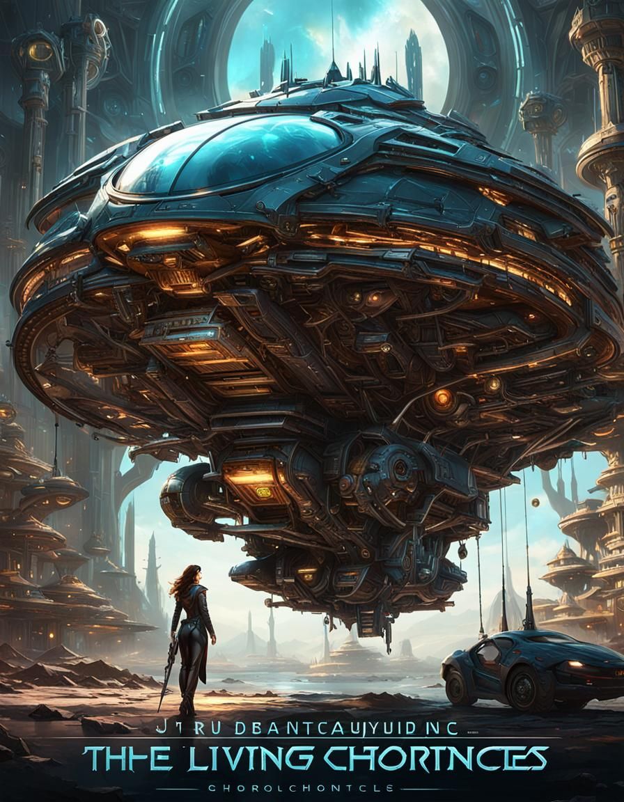 A beautiful brunette, fantasy world woman and her spaceship,...