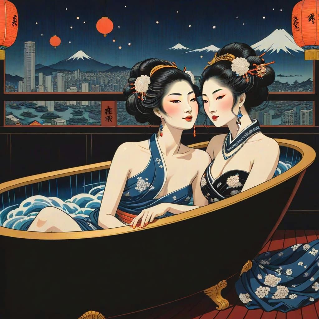 Cute Chinese Goddesses Kissing in Futuristic Bath Scene