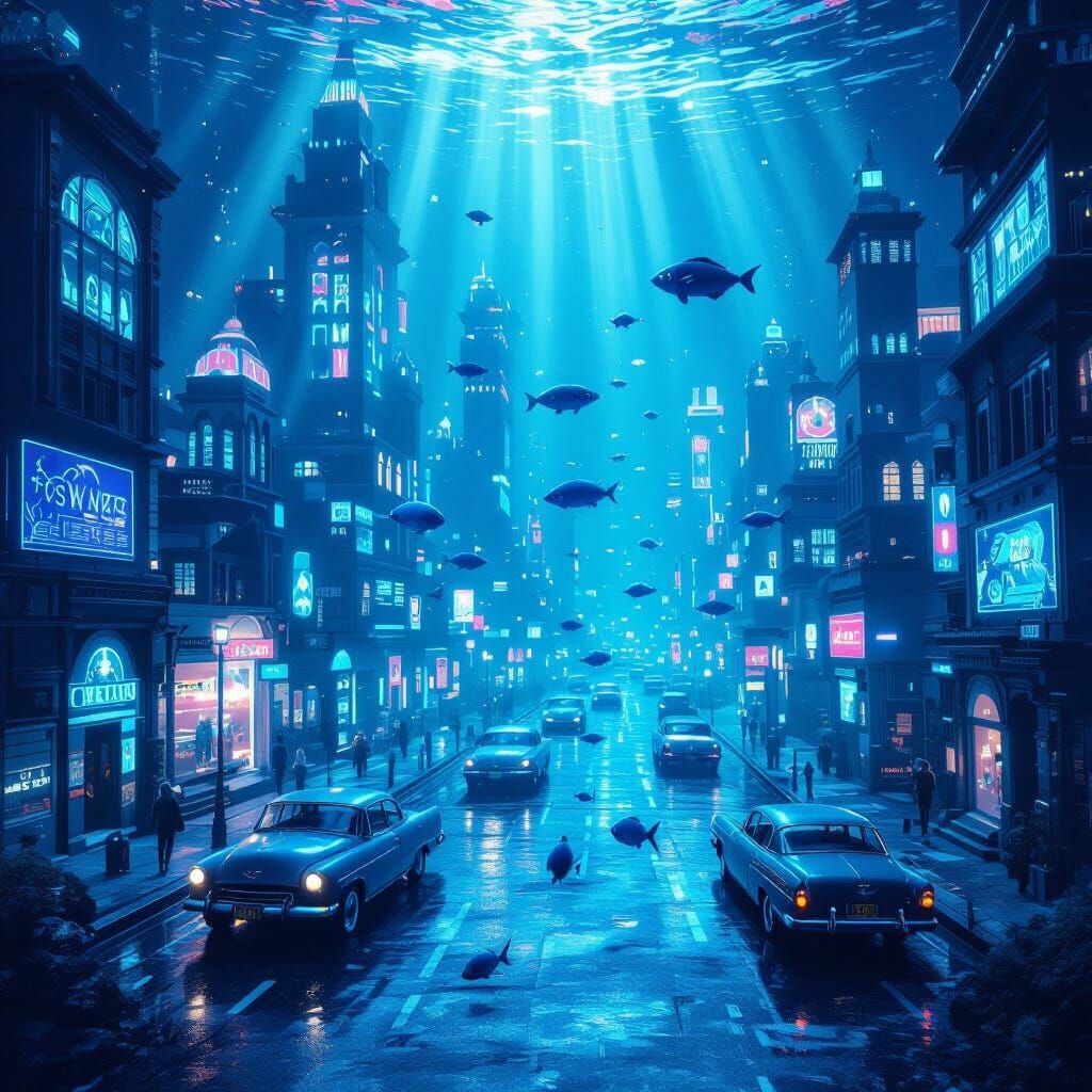 Surreal Underwater Cityscape with Bioluminescent Glow