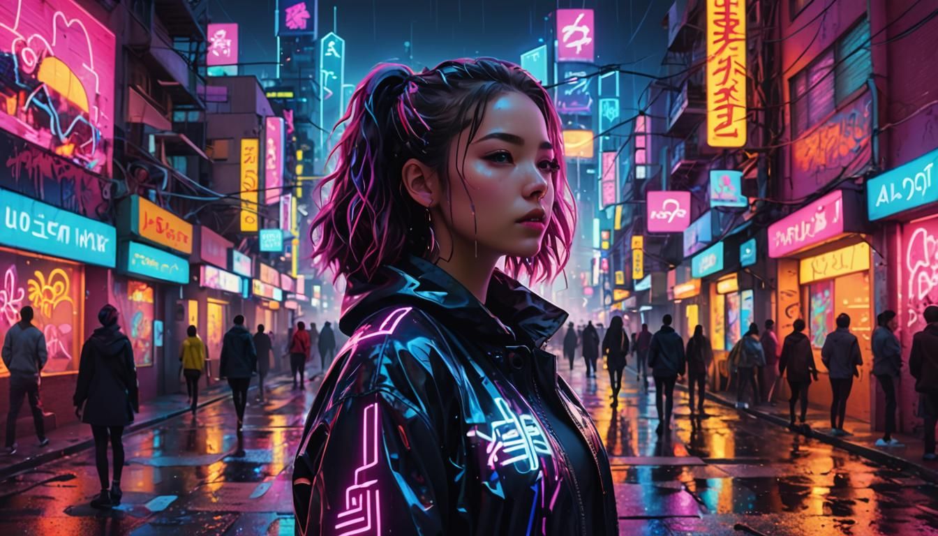 Woman in Neon Cityscape with Vaporwave Aesthetics