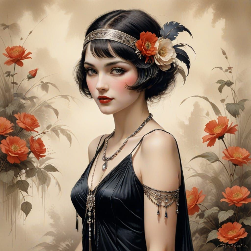 1920s Flapper Sumi-e Painting by Lee Bogle