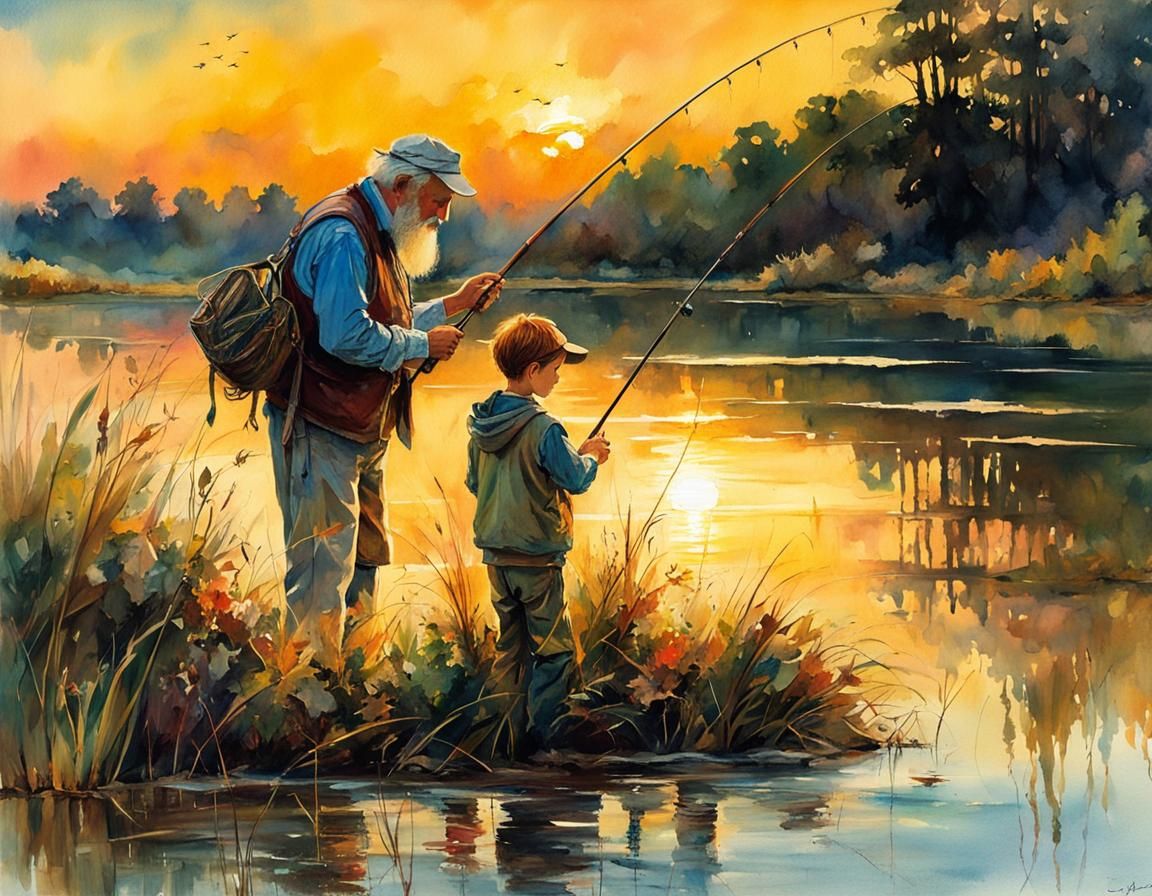 Grandfather teaches me to fish