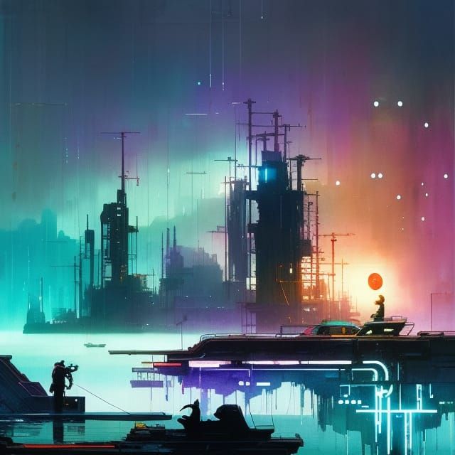 "The cat and the ocean at night", cyberpunk, Ismail Inceoglu...