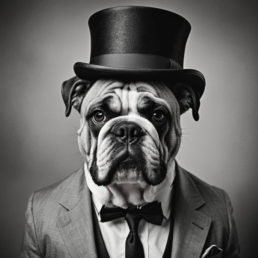 A black and white portrait of an english bulldog with a top ...