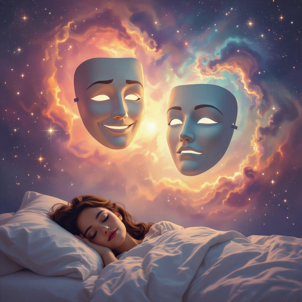 The two drama masks, happy and sad, are floating in a starry night sky, with a colorful nebula behind them. It is a dream of a young woman i...