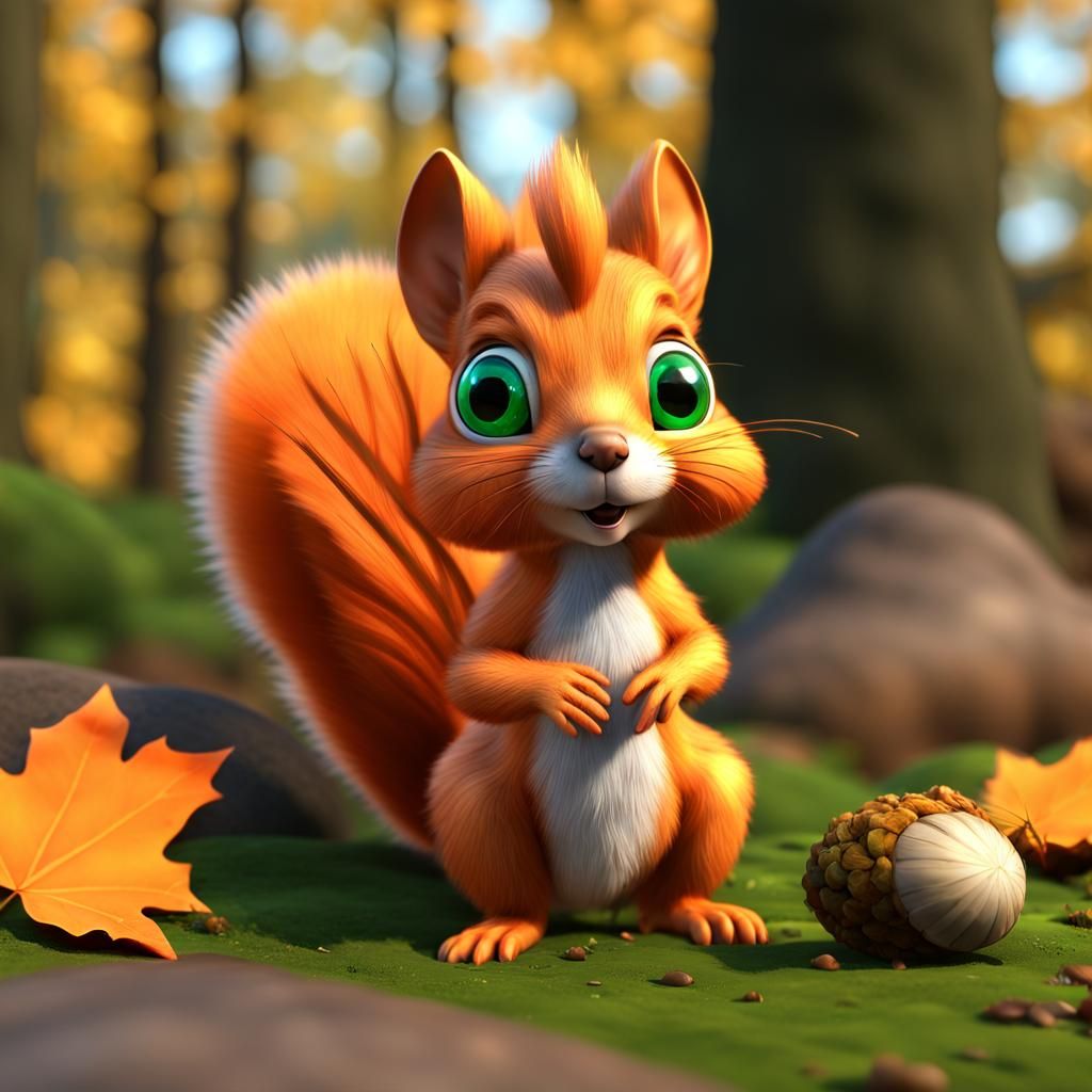 orange maple leafs with cute big big eyed squirrel ,soft fur,playing