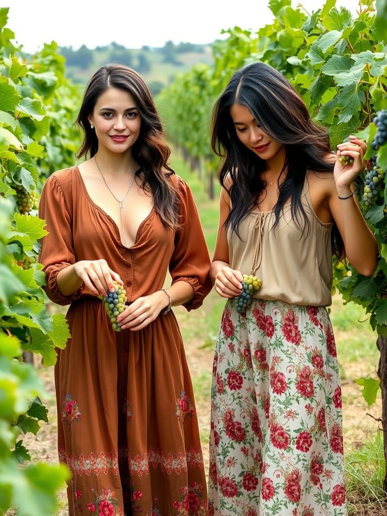 Two women harvesting grapes in a vineyard.