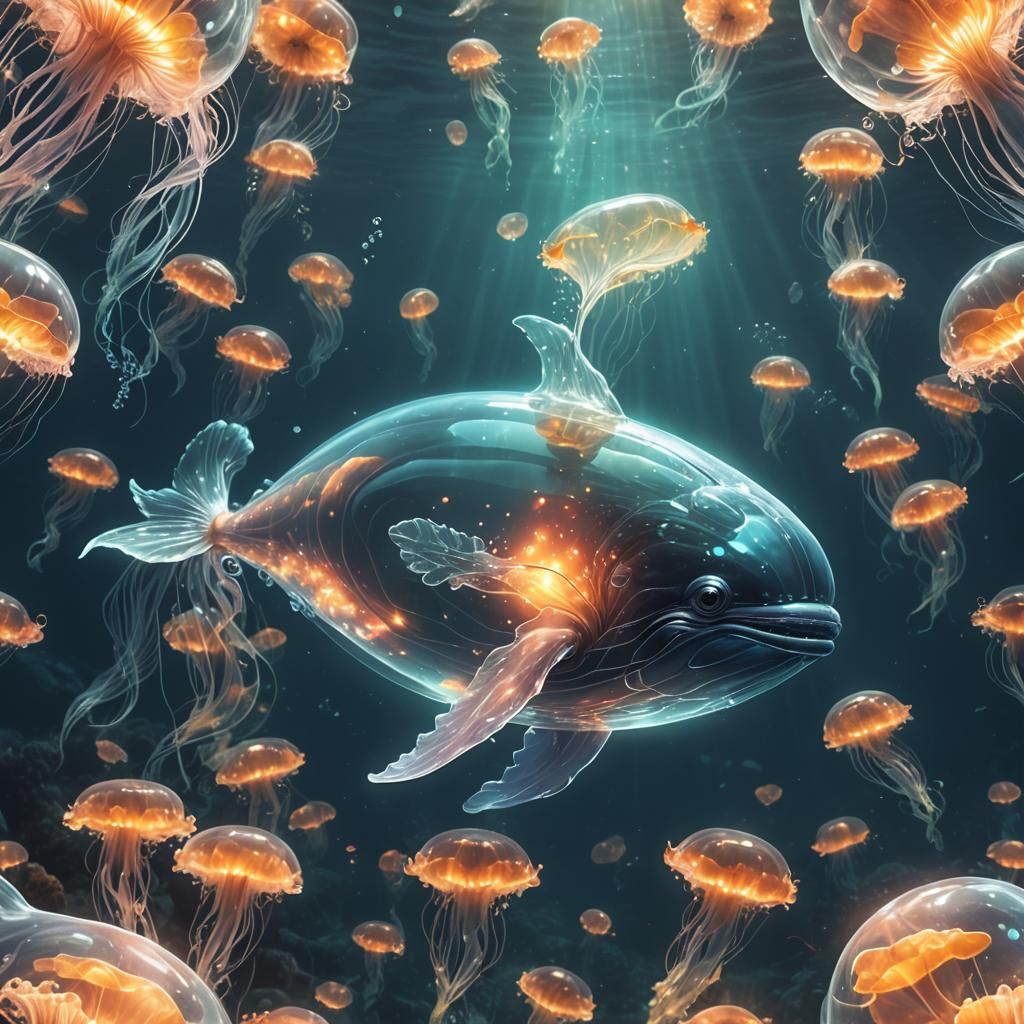 Underwater view of a huge fantastical glowing transparent gl...