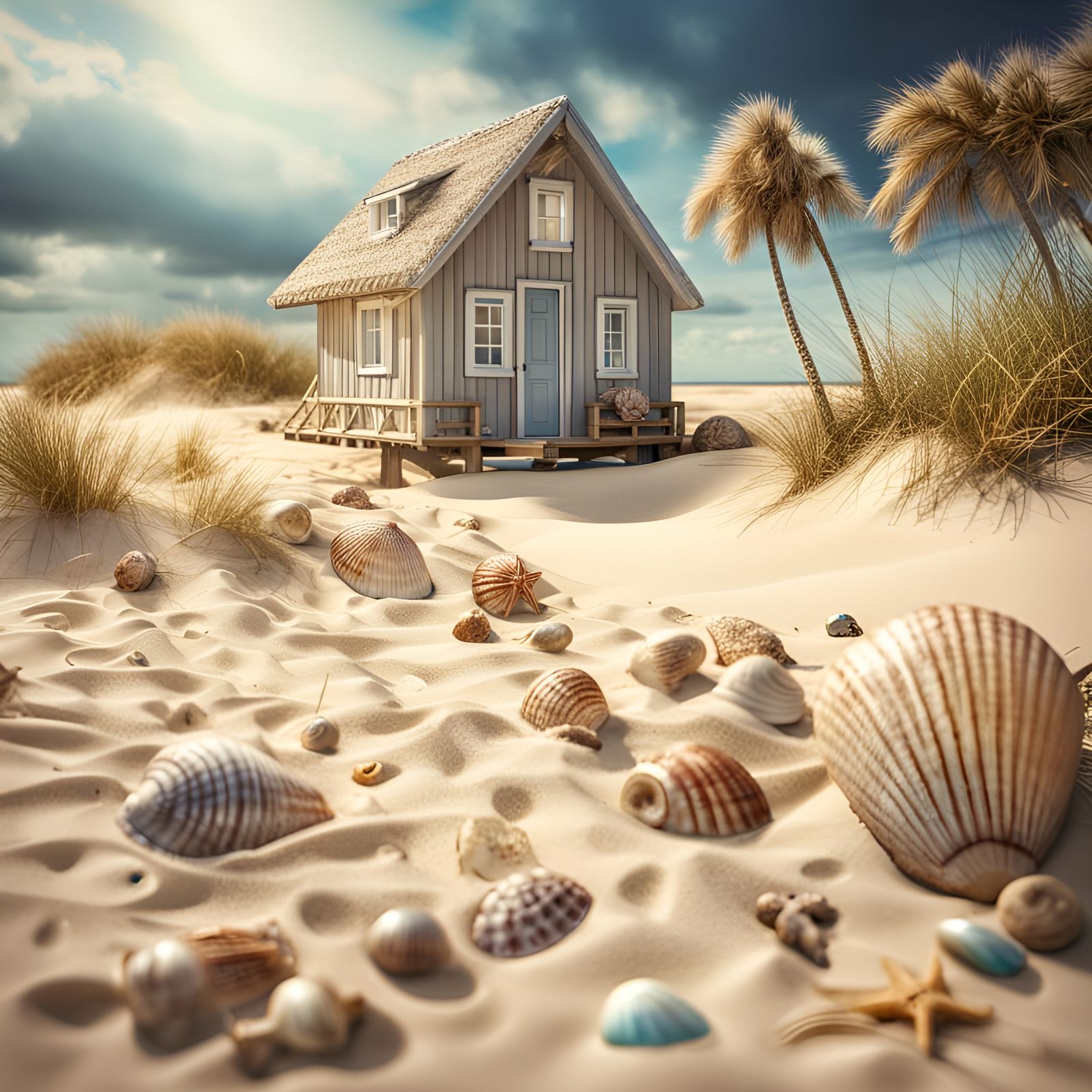 vacationing on the beach in a cute cottage with sand dunes and shells on the beach intricate details, ...  by @Patsy 