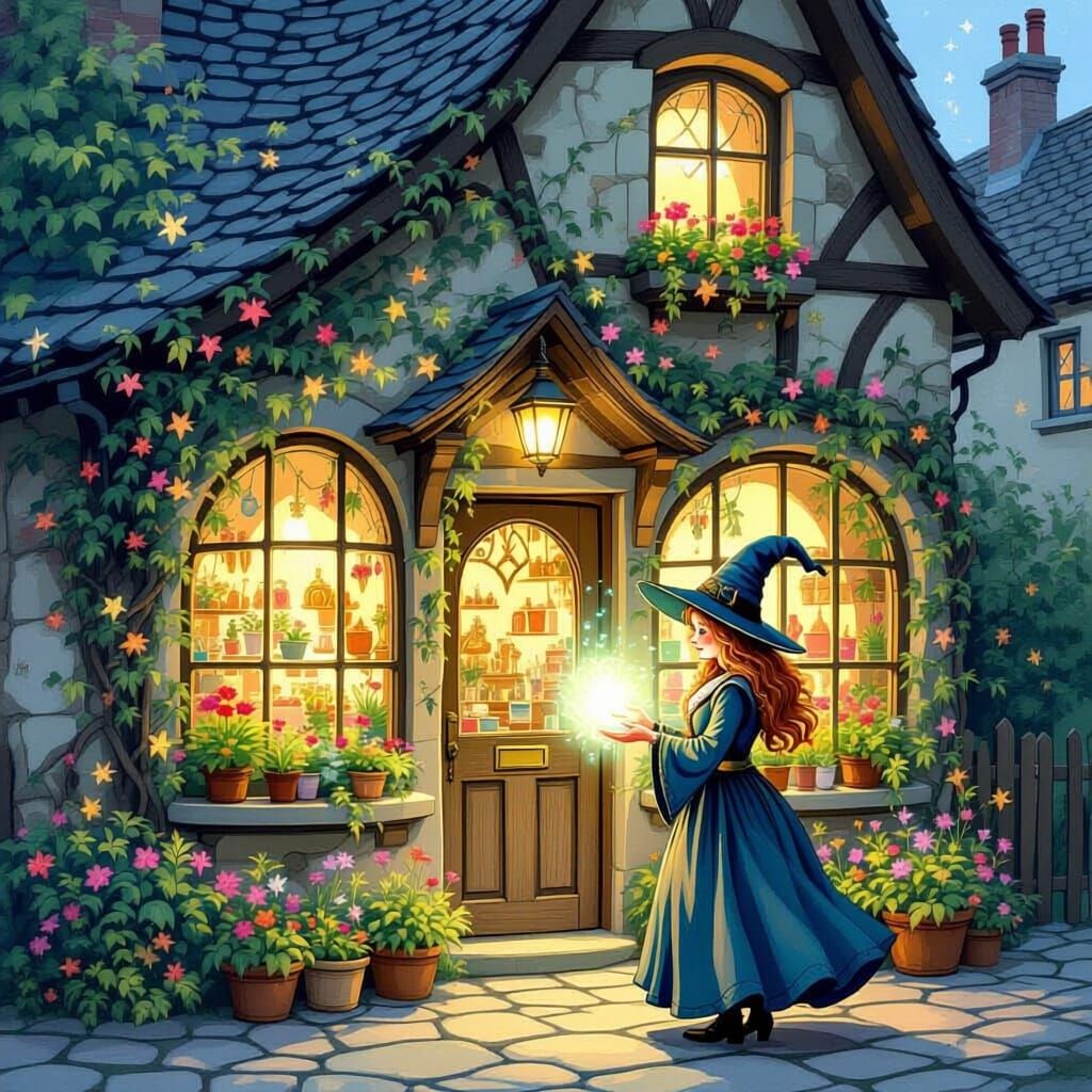 A unique, mystical looking shop, with a sweet-looking witch out front, using a spell to grow plants