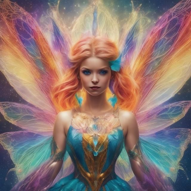 Head and shoulders portrait of a beautiful fairy with colorful wings at night. <lora:NC Hyperreal DS8:1.0> Hyperrealistic Fantasy concept ar...
