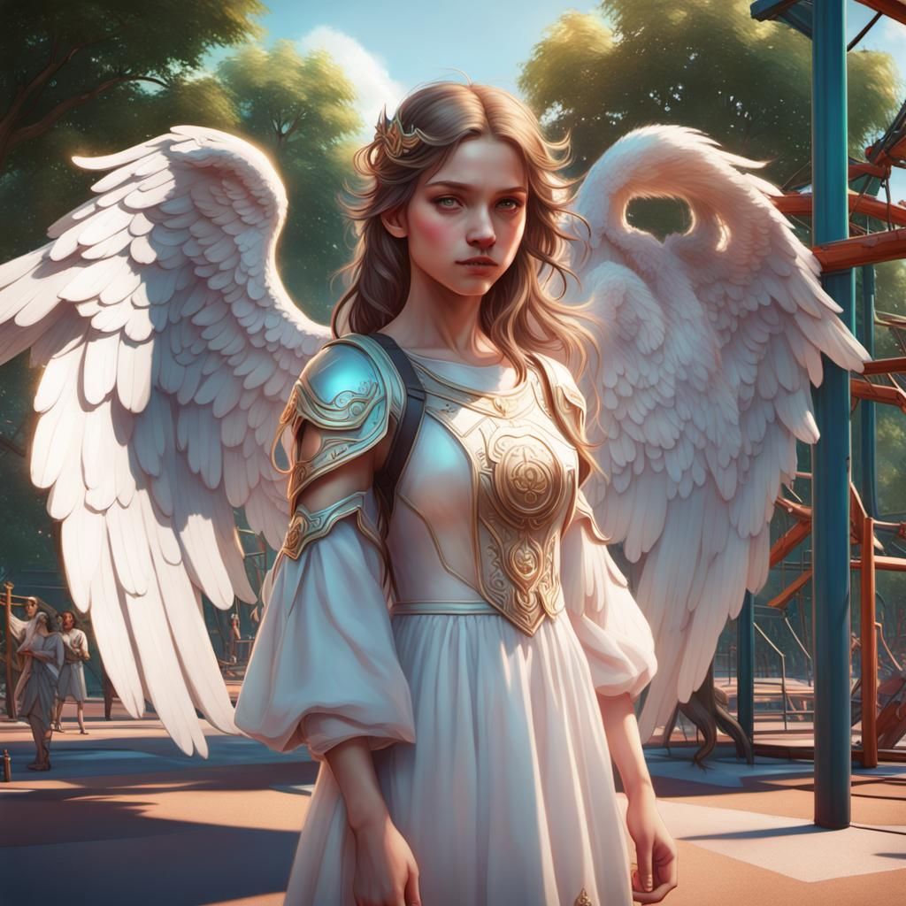 A beautiful guardian angel stands over a young girl on a pla...