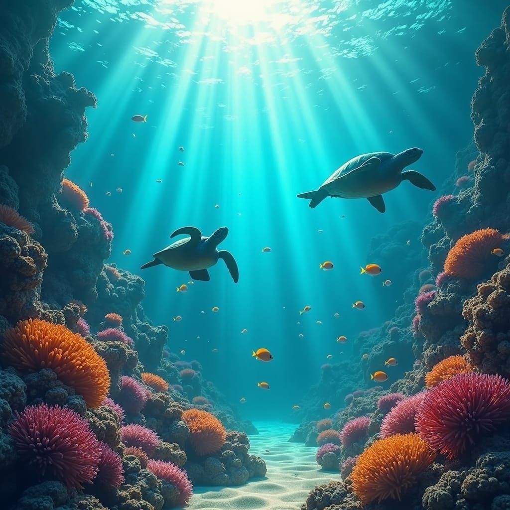 A vibrant coral reef teeming with colorful fishes , sea turtles, and rays of sunlight filtering through the water's surface."