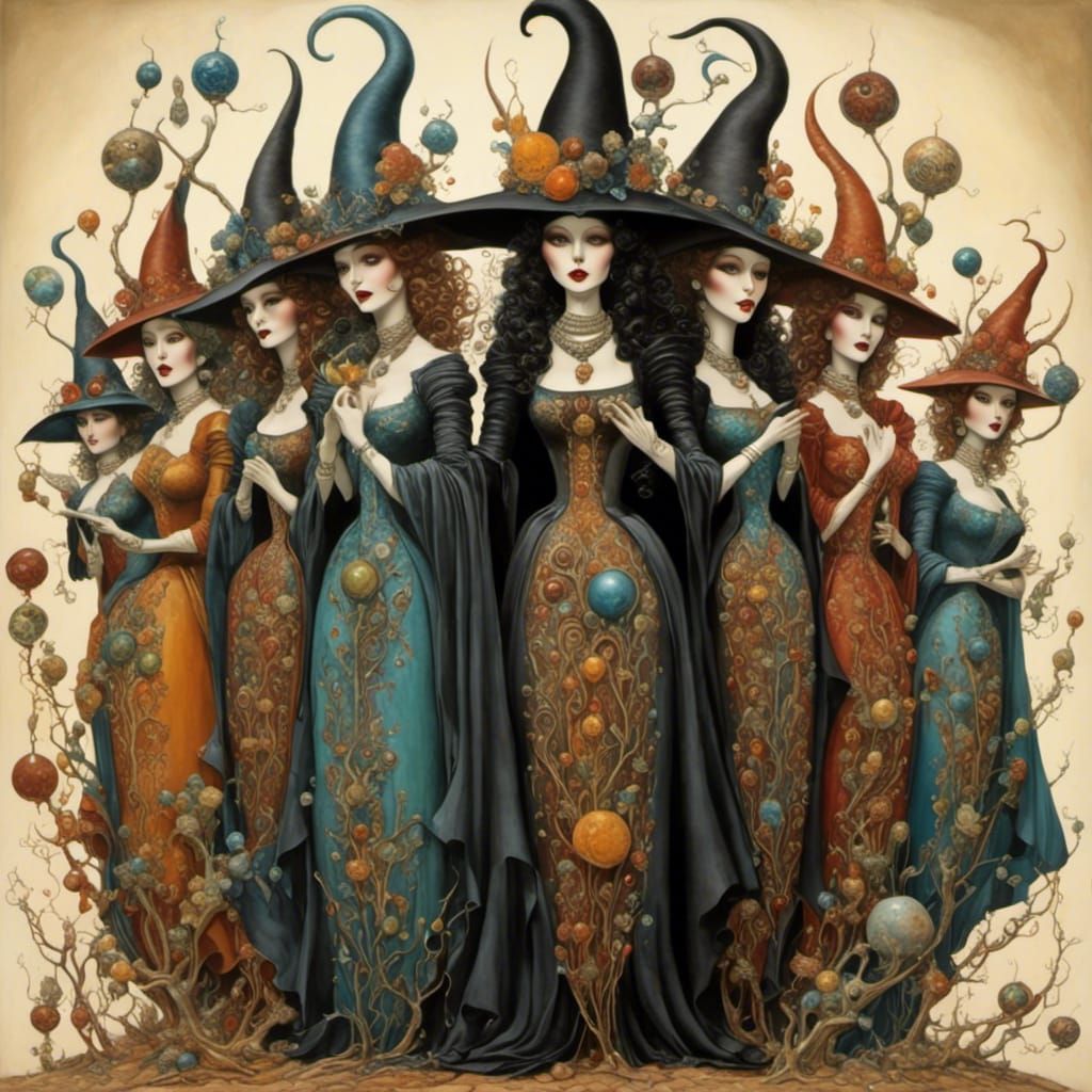 <lora:Extremely Yumi 2:1.0> Retro surrealist  "Medieval witches" by Tim Burton, Dali, Hieronymus Bosh , crisp quality, colorful very sharp ,...