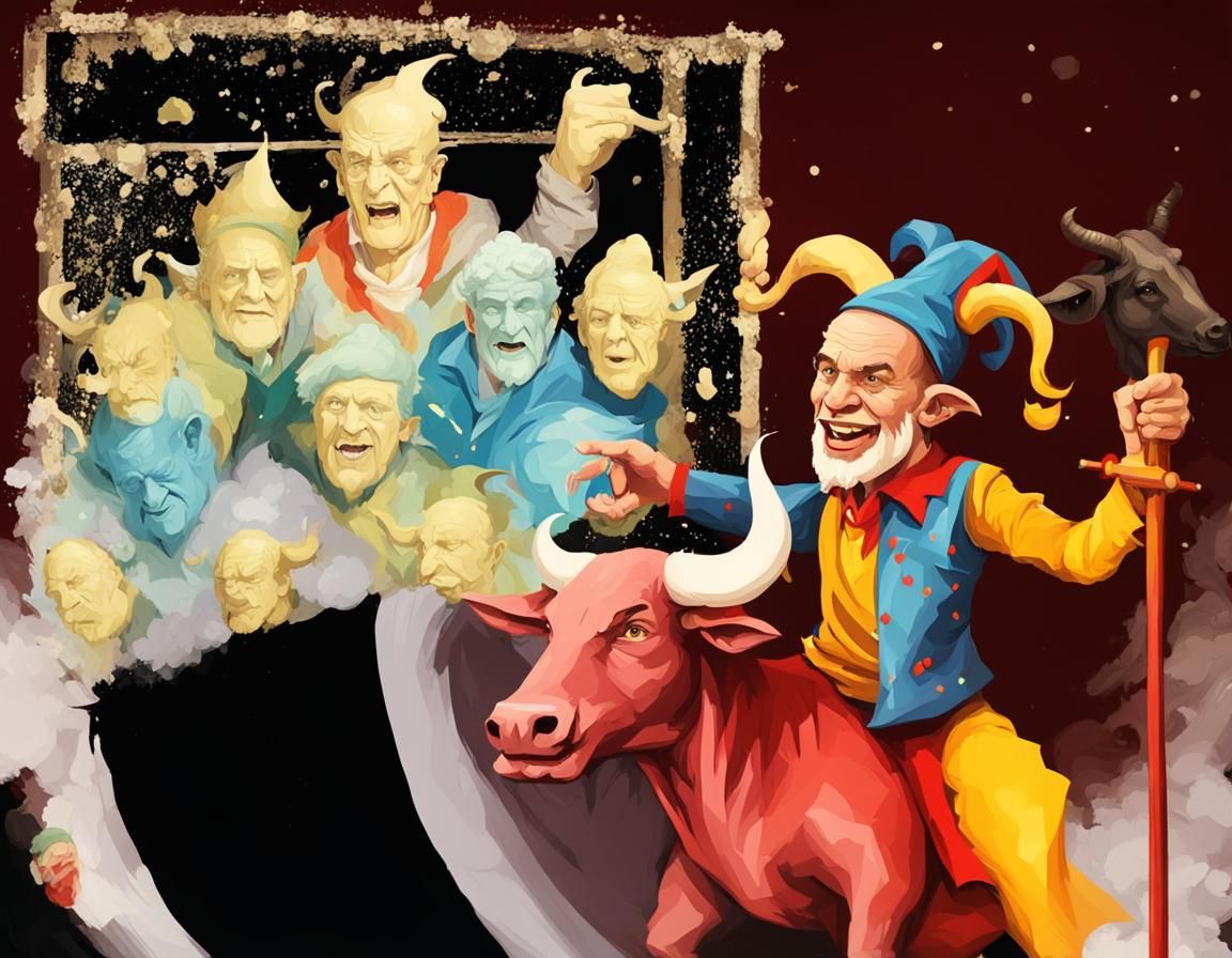 A jester riding a red horned bull holding with a wizards staff he rides while being cheered by a crowd of noisy hooligans in the background...