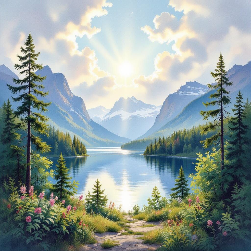 Hyper realistic Watercolor painting of the forest with really detailed trees and plants and an opening ...  by @ArtisticEndeavor