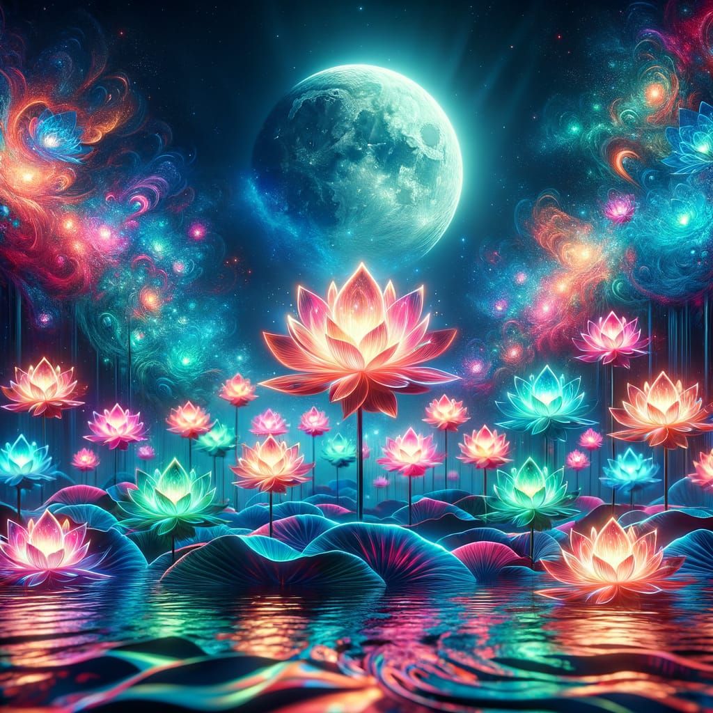 multicolored Bioluminescent lotus raised garden glowing faintly in the moonlight. Background full moon, ...  by @Luna