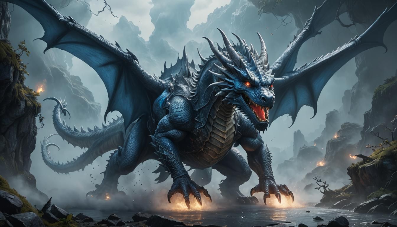a dragon hiding behind a silvery blue fog. Only the glowing ...