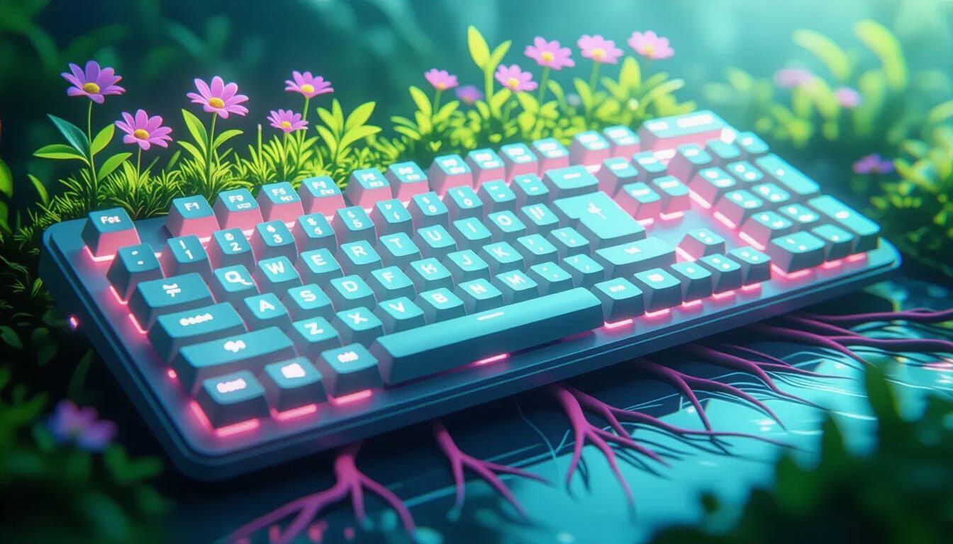 Keyboard Garden:
"A futuristic keyboard where each key sprouts fresh greenery and tiny wildflowers, glowing softly in pastel light, roots in...