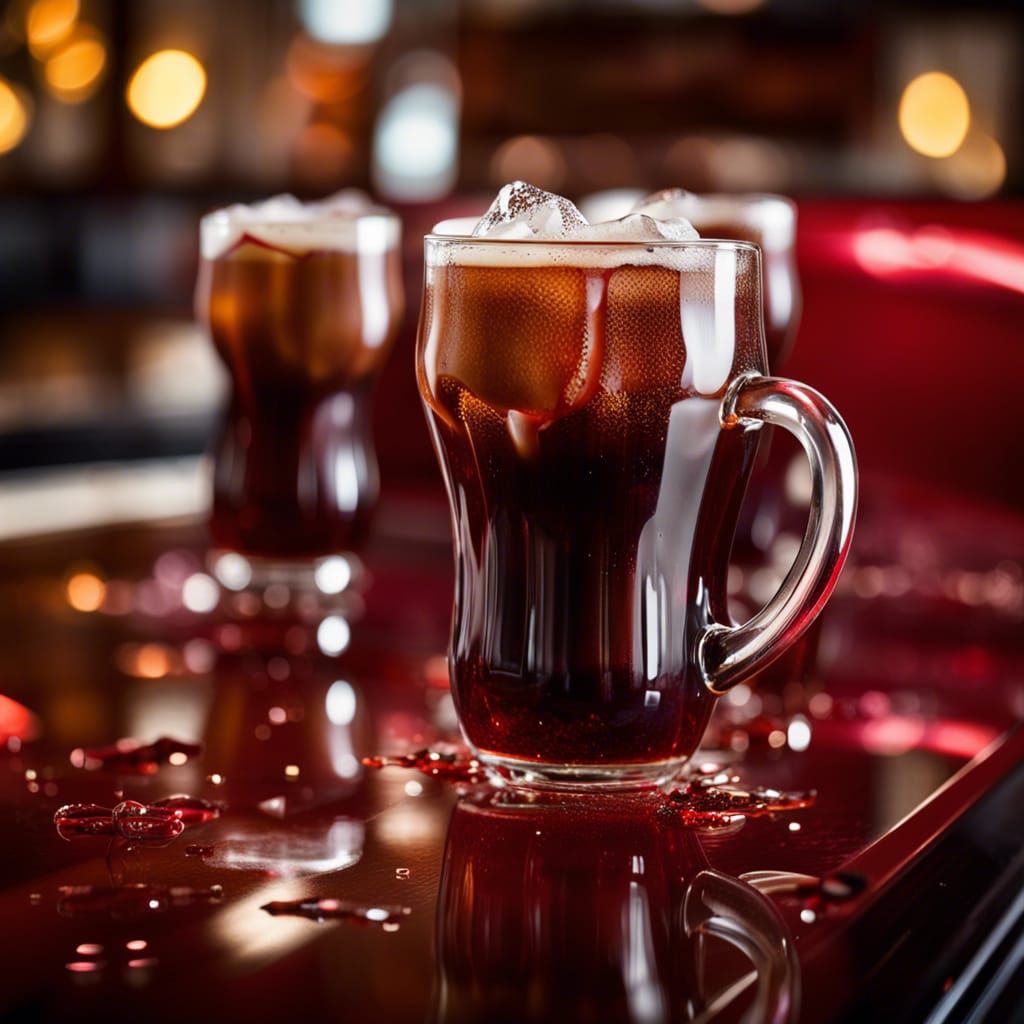 Cold Root Beer Spilled On Red Countertop Surface