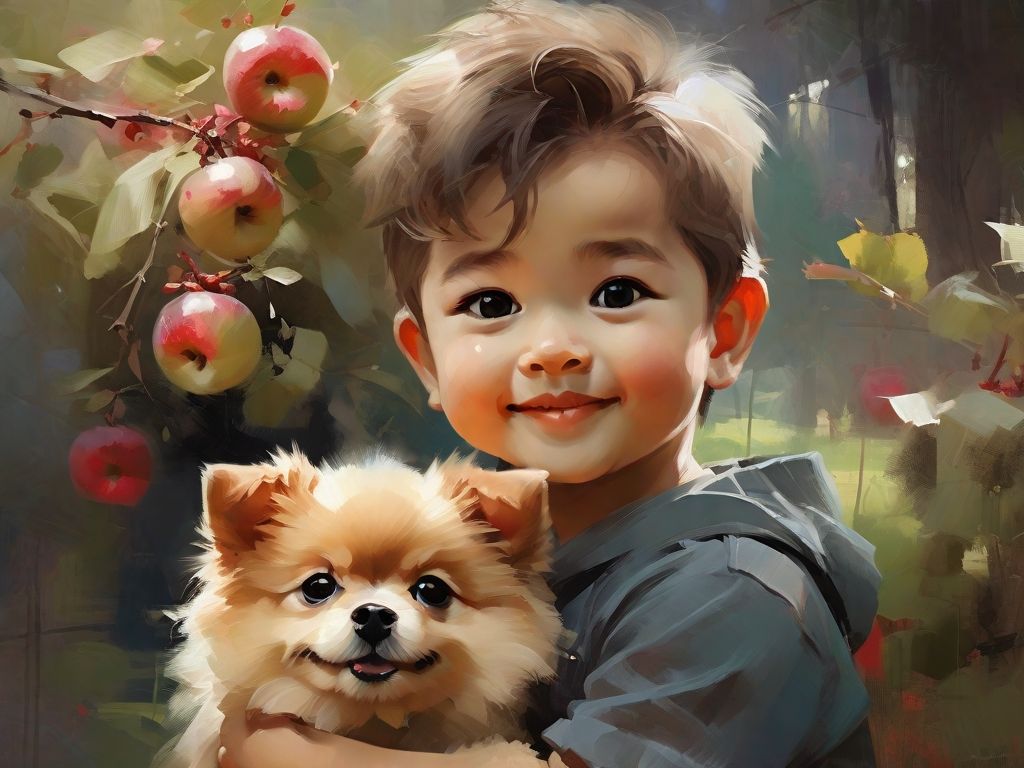 Cute toddler with his pomeranian puppy