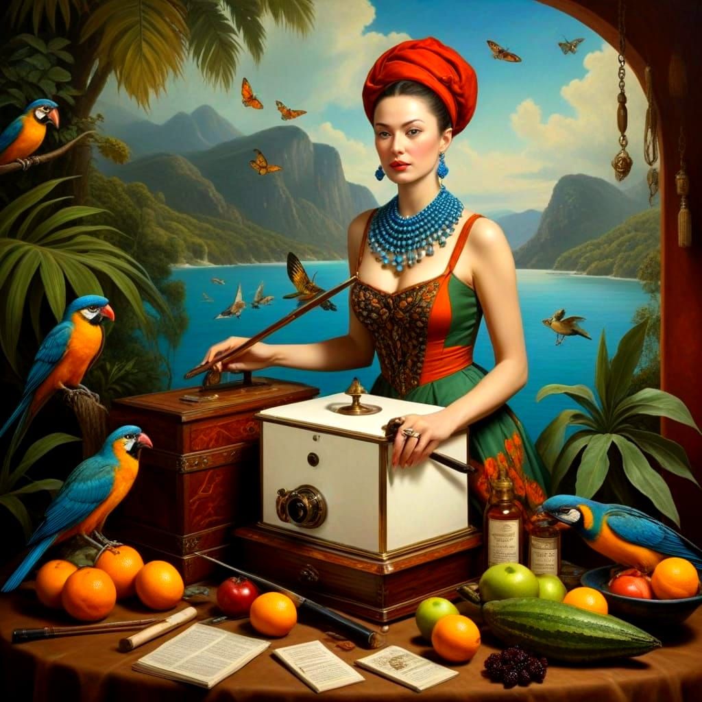 Charming Woman with Fantastic Animals in Surreal Portrait