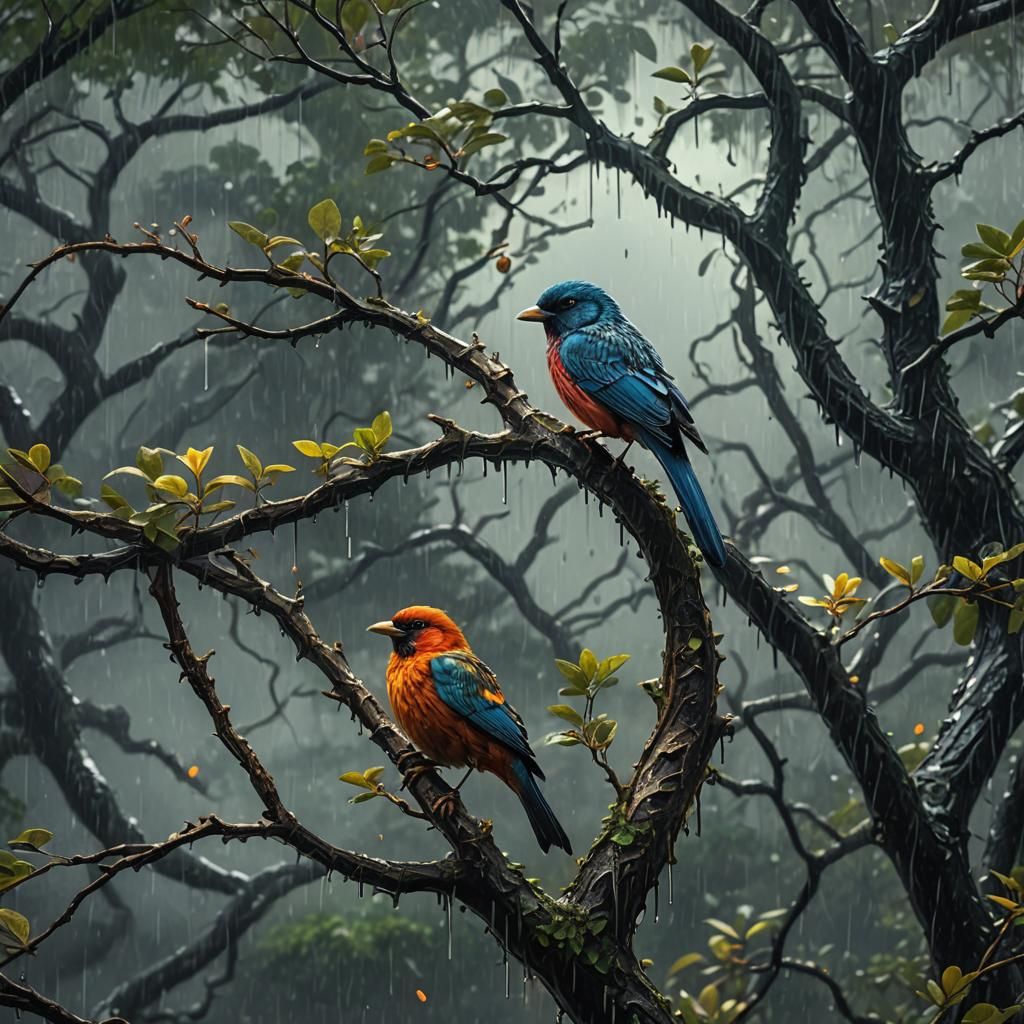 One Bird on a tree in the rain