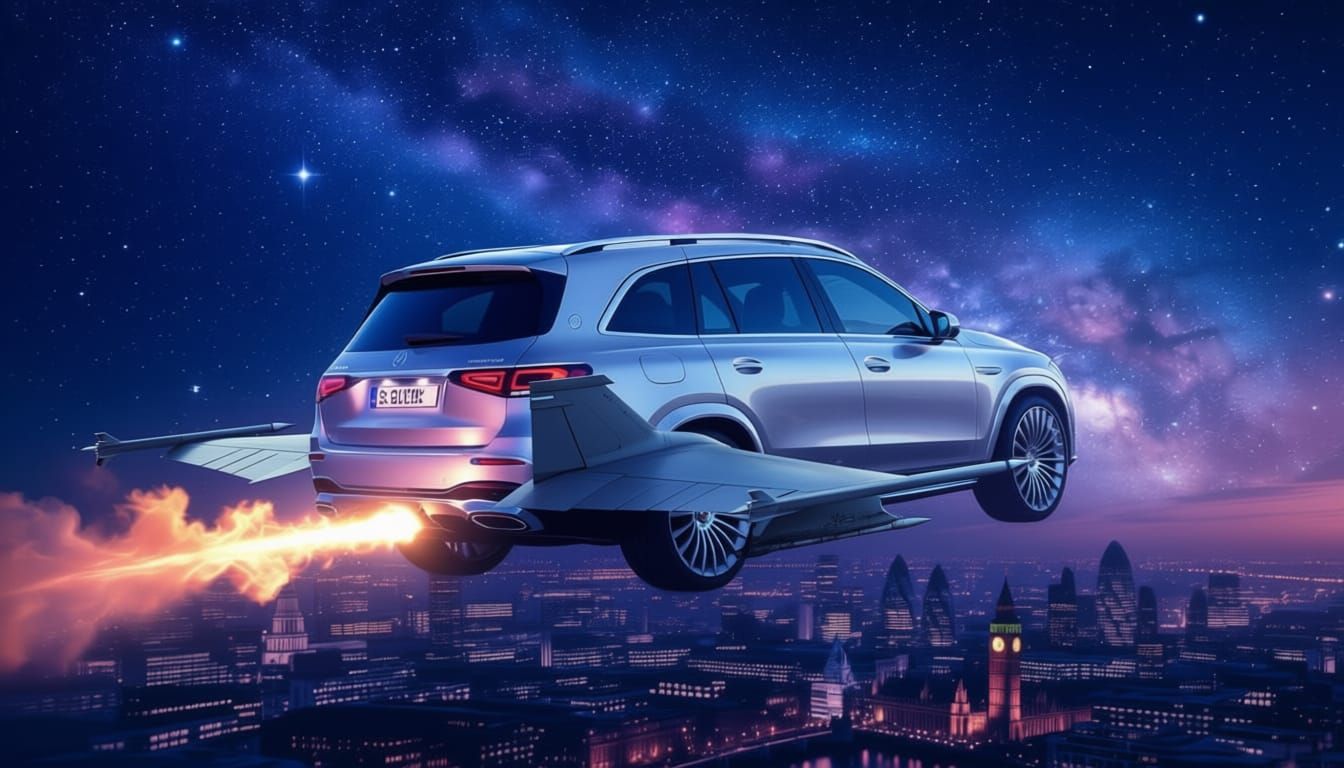 Chitty Chitty Bang Bang reimagined as a modern Mercedes Benz GLS flying through a starry sky above London