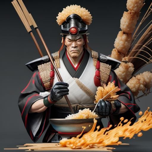 Japanese Samurai eye-balling a ginger sauce sparingly drizzl...