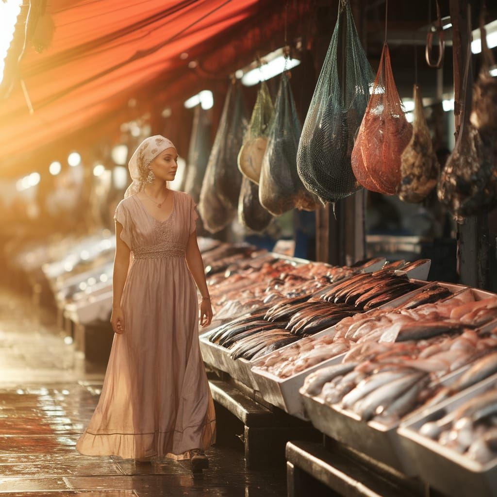 Woman Strolls Beside Vibrant Fish Market in Warm Sunlight