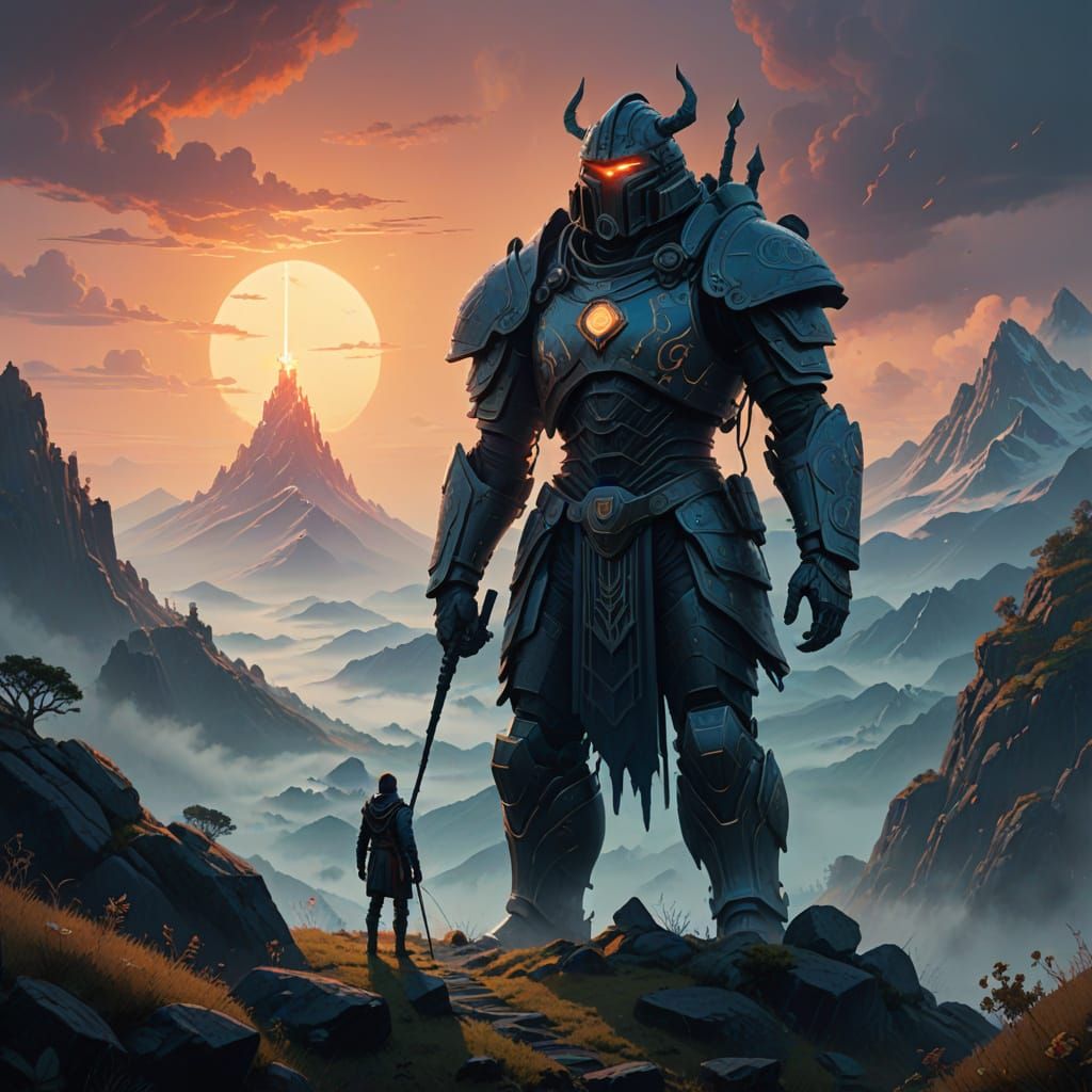 Regal Figure Surrounded by Ancient Runes in Vibrant, Triadic...