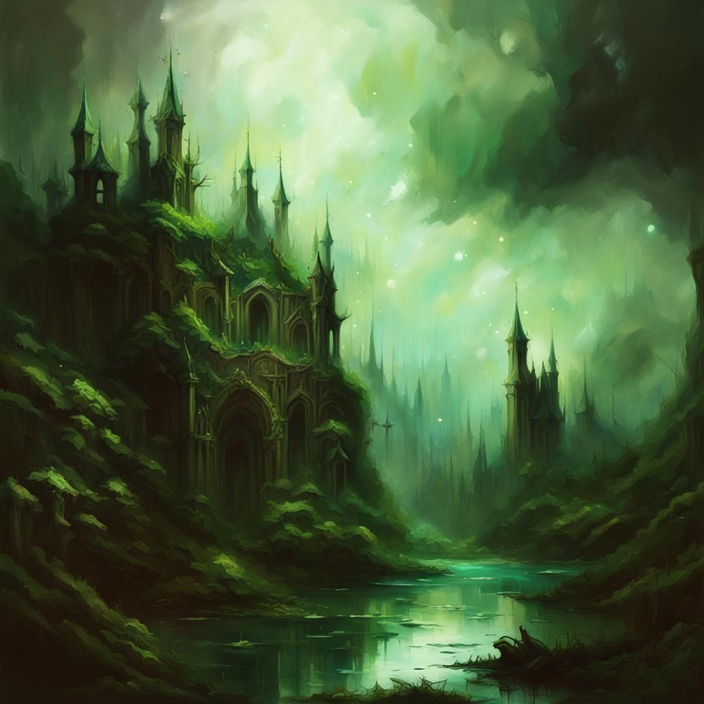Foggy Green Ruins 2 AI Generated Artwork NightCafe Creator peinture-foggy-forest