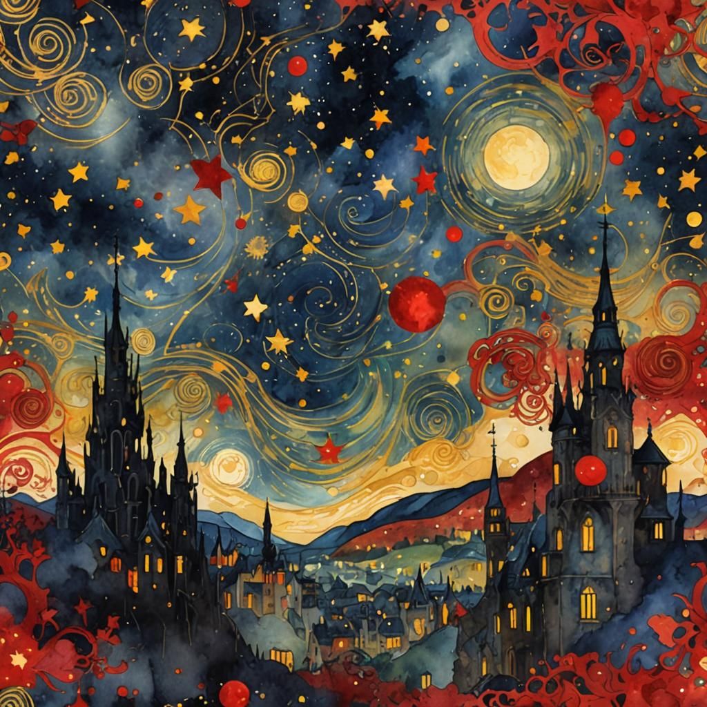 Starry Night, reimagined in the style of Gustav Klimt  by @TheKai