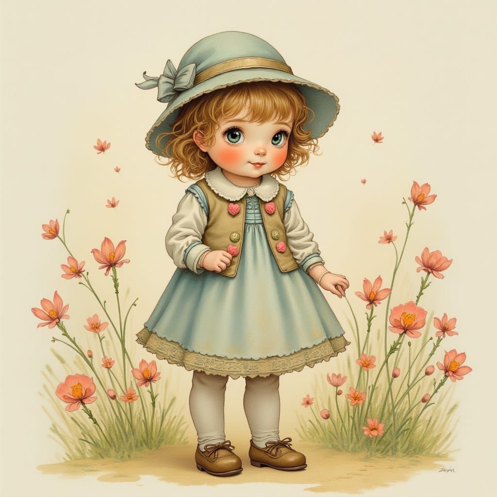 Adorable Baby Girl in Classic Illustration Style