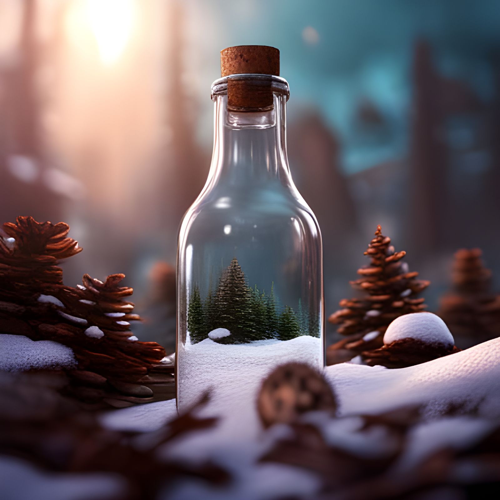glass bottle of snow- in a snowy pine forest