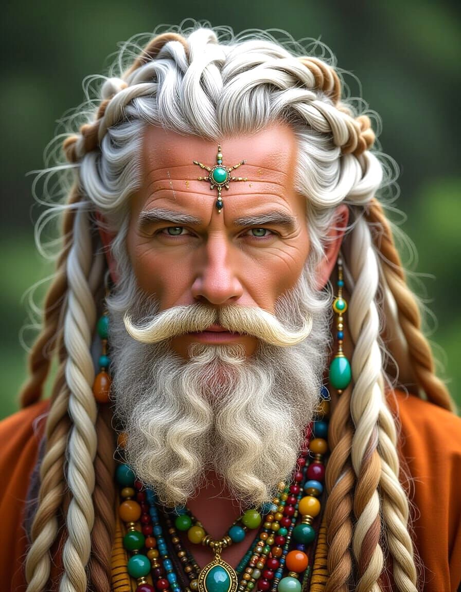 A handsome druid with intricate white locks and an extravagant Rastafarian hairstyle, a whimsical braided ...  by @Hugo Raul