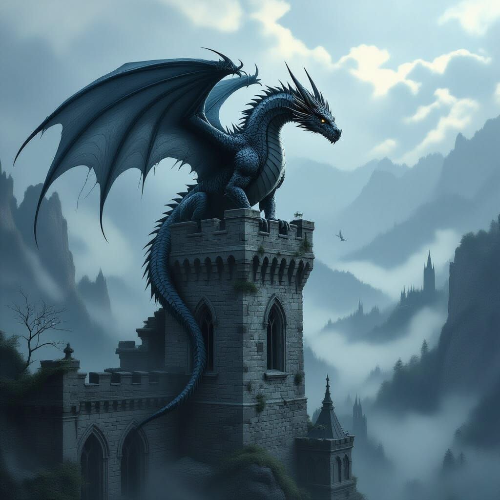 A majestic dragon, scales shimmering like obsidian, perched atop a crumbling gothic tower, surveying a desolate, mist-shrouded valley below....
