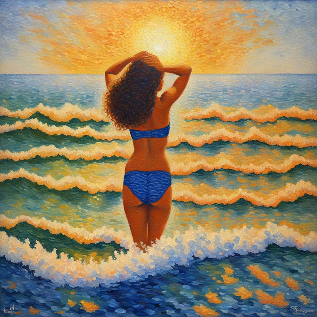 Bikini Model in Waves: Neo-Impressionist Oil Painting
