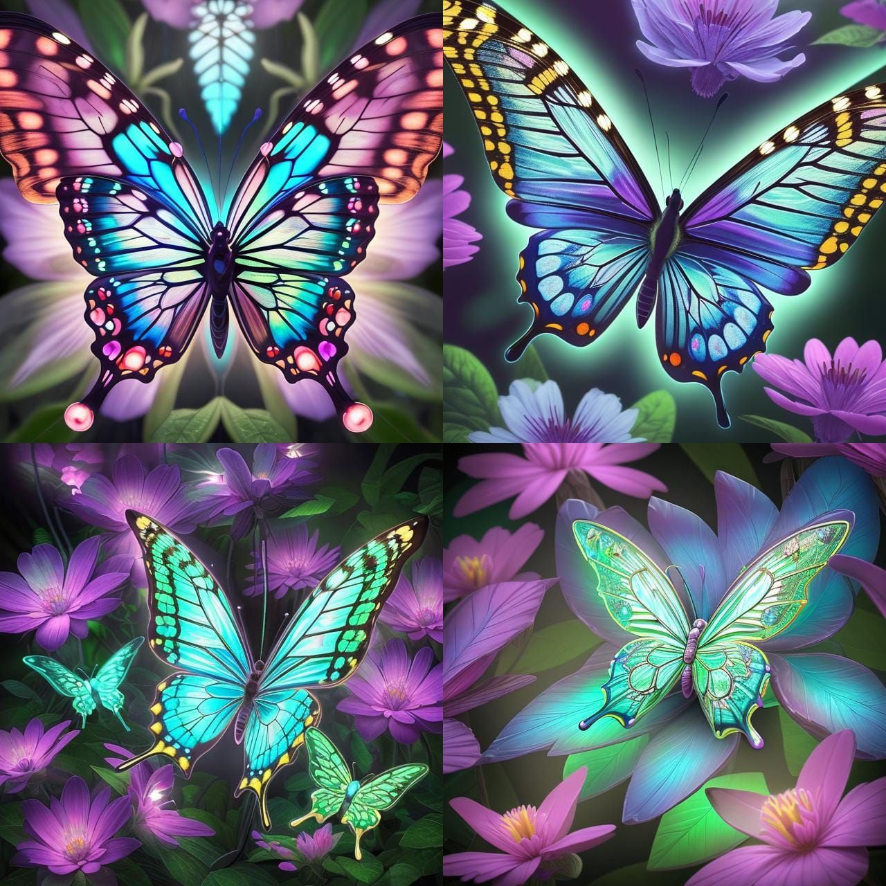 glass butterfly, on neon flower in enchanted forest, ultra detailed ...