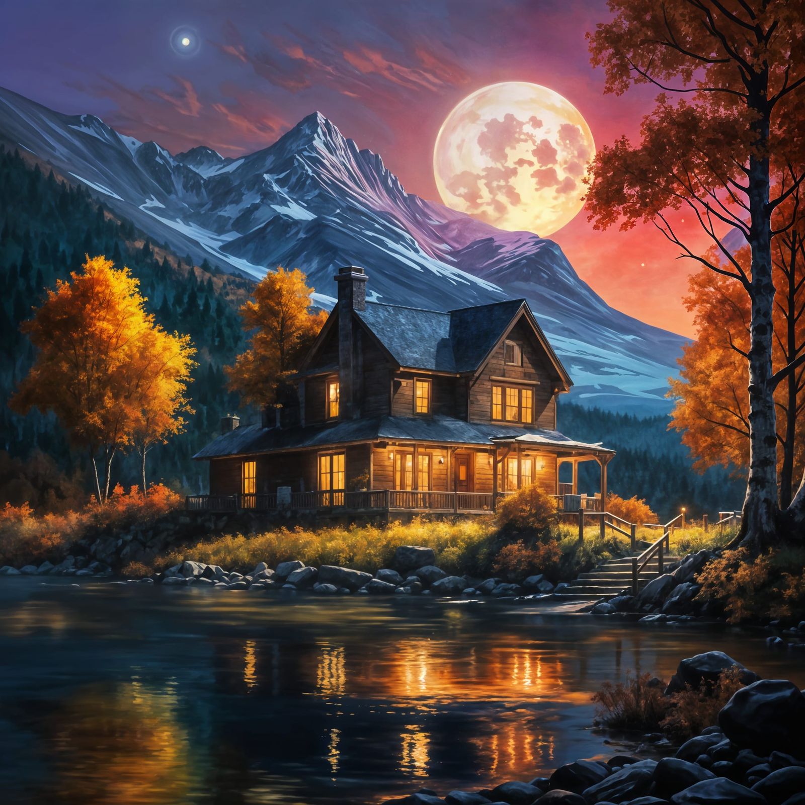 An image of autumn in Vermont at night of a lakeside home with hills in the backdrop, oil painting on ...  by @Revenant_